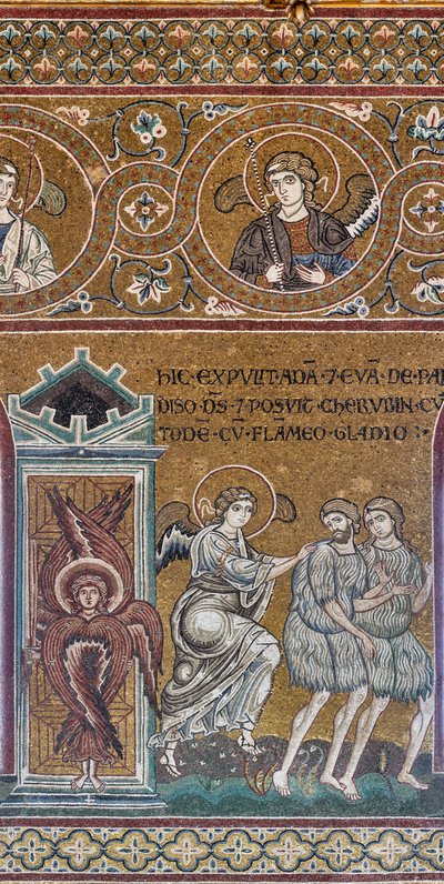 La expulsión del Paraíso Terrenal, mosaico bizantino, Ciclo del Antiguo Testamento-Paraíso Terrenal, siglos XII-XIII (mosaico) de Byzantine