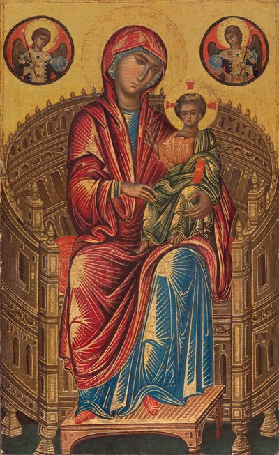 Madonna y el Niño en un trono curvado de Byzantine 13th Century