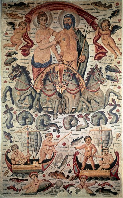 Arte bizantino: Triunfo de Neptuno y Anfitrite. Neptuno y Anfitrite desnudos en un carro tirado por cuatro caballos marinos. Mosaico del siglo III. Dim: 3,1x1,96m. Museo del Louvre, París de Byzantine Byzantine