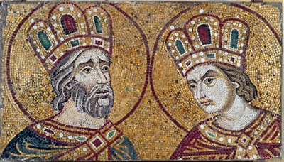 El emperador romano Constantino I, con Santa Elena, su madre (detalle de mosaico) de Byzantine Byzantine