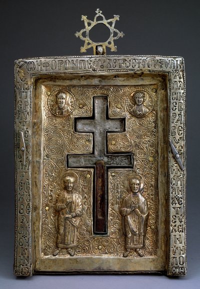 Relicario de cruz estaurothek de plata dorada, Bizantino, siglo XII de Byzantine Byzantine