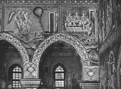 Aparición de los Tres Ángeles a Abraham y la hospitalidad de Abraham, c.1182 (mosaico) de Byzantine School