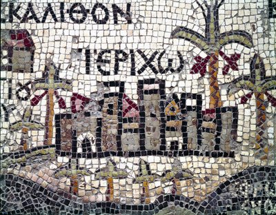 Arte bizantino: mapa más antiguo de Palestina. Detalle que representa la ciudad de Jericó (con el nombre en griego). Mosaico del siglo VI. Madaba, Iglesia de San Jorge de Byzantine School