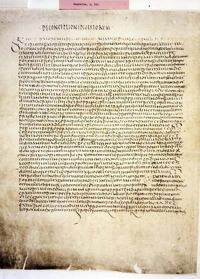 CORPUS JURIS CIVILIS: Una página del Codex Iustinianus, Digestum., siglo VI (manuscrito) de Byzantine School