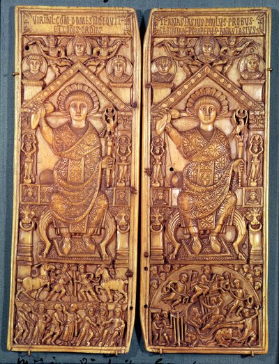 Díptico consular de Anastasio (491-518) tallado en Constantinopla, Estilo Teodosiano, 517 d.C. de Byzantine School