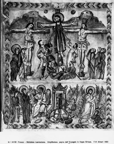 Crucifixión y Resurrección, de los Evangelios de Rabula, 586 d.C. de Byzantine School