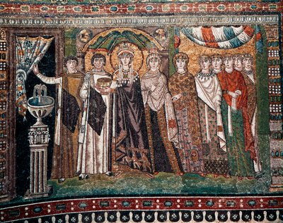 La emperatriz Teodora con su corte de dos ministros y siete mujeres, hacia 547 d.C. (mosaico) de Byzantine School