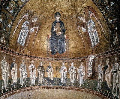 Virgen entronizada con arcángeles y apóstoles de Byzantine School