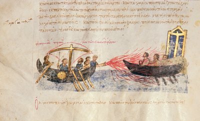 Fuego griego, Fol. 34v del Skylitzes de Madrid de Byzantine School