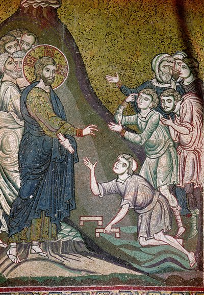 Jesús sanando a los lisiados y ciegos (mosaico) de Byzantine School