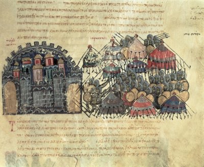 MMS Vitr. 26-7 Los bizantinos asediando Mesina, de los Skylitzes de Madrid (vitela) de Byzantine School