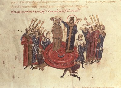 MMS Vitr. 26-7 Emperador Miguel I Rangabes coronado por Nicéforo en 811, de los Skylitzes de Madrid de Byzantine School