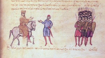 MMS Vitr 26-7 El ejército bizantino pone en fuga a los búlgaros del zar Krum, del Skylitzes de Madrid de Byzantine School