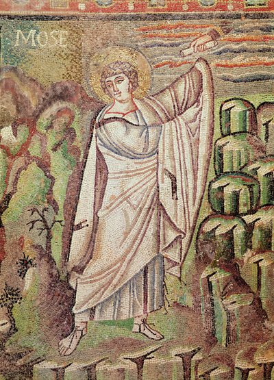 Moisés en el Monte Sinaí, figura sobre el luneto que representa la Hospitalidad de Abraham y el Sacrificio de Isaac, siglo VI (mosaico) (detalle) de Byzantine School