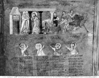 Ms EAB 664 Jesús expulsando a los mercaderes del Templo, del Codex Purpureus de Byzantine School