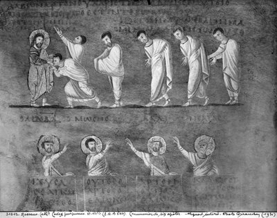 La comunión de seis apóstoles, del Codex Purpureus de Byzantine School