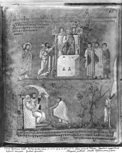 Ms EAB 664 fol.15 Jesús ante Pilato, Judas devolviendo las treinta piezas de plata, Ahorcamiento de Judas, del Codex Purpureus de Byzantine School