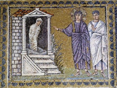 Resurrección de Lázaro, mosaico mural de la iglesia de San Apolinar, Rávena, siglo VI. de Byzantine School