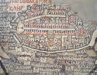 La ciudad de Jerusalén y el área circundante, detalle del mapa de mosaico de Madaba, Bizantino, siglo VI de Byzantine School