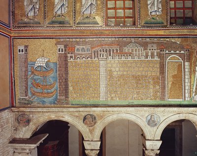 La flota en el puerto de Rávena, 535-38 d.C. (mosaico) de Byzantine School