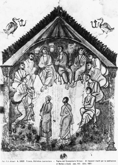 Los apóstoles reunidos para la sustitución de Judas por Matías, folio de los Evangelios de Rabula, 586 d.C. de Byzantine School
