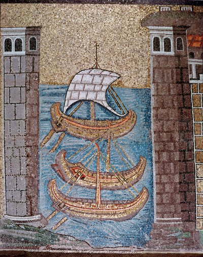 Vista de barcos en el puerto de Classe (detalle) de Byzantine School