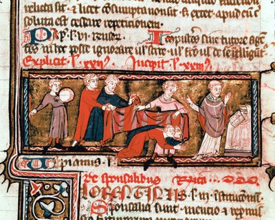 Escena de boda, los esposos se cubren con un paño, símbolo de su unión Miniatura tomada del Código Justiniano (Codex Justinianus), colección de leyes e instituciones redigidas bajo el emperador romano Justiniano I de Bizancio (483-565) ms. 824 Mila de Byzantine School
