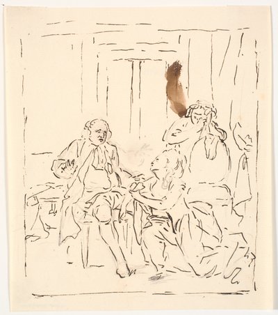 Una mujer arrodillada ante un hombre sentado. En el fondo, una mujer llorando apoyada en una silla. ¿Escena de teatro? de C.A. Lorentzen