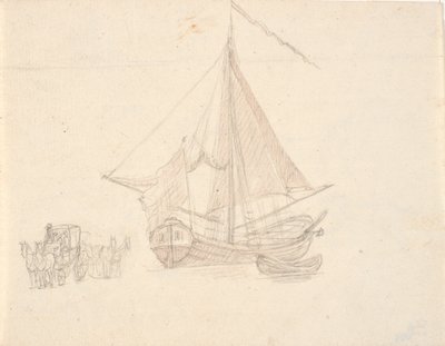 Un barco con vela y bandera y un bote. A la izquierda, dos carros de caballos de C.A. Lorentzen