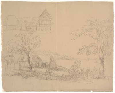 Paisaje con granja junto a un lago. F.o.t.v. una granja de C.A. Lorentzen