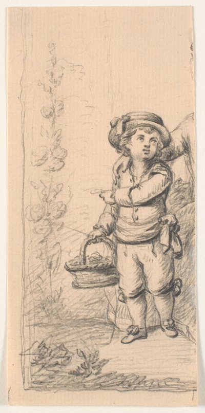 Niño pequeño con cesta de flores. Recortado de C.A. Lorentzen