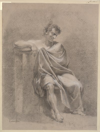 Modelo sentado en drapeado. Sentado en un pedestal bajo y descansando el brazo derecho en un pedestal alto de C.A. Lorentzen