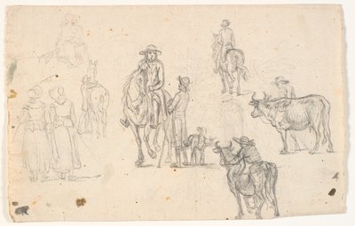 Bocetos con campesinos, caballos y vacas de C.A. Lorentzen