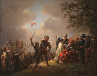 La leyenda de la bandera danesa (el Dannebrog) cayendo del cielo durante la batalla de Lyndanise (Tallin) en Estonia en 1219 de C.A. Lorentzen