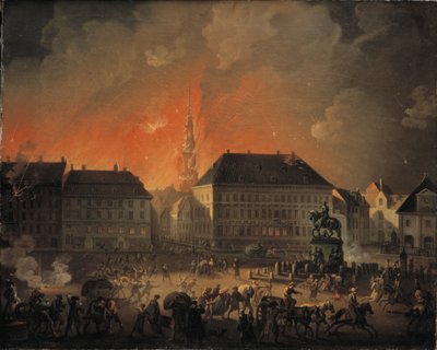La noche más terrible. Vista de Kongens Nytorv en Copenhague durante el bombardeo inglés de Copenhague en la noche entre el 4 y 5 de septiembre de 1807 de C.A. Lorentzen