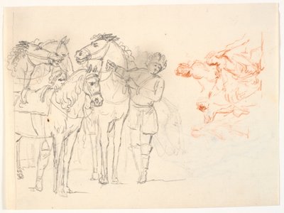 Dos bocetos. A la izquierda, un boceto a lápiz con caballos y dos hombres. A la derecha, un boceto en tiza roja con un grupo de figuras de C.A. Lorentzen