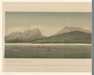 Vista de la costa del Gran Aceh, con la flota de la primera expedición de Aceh frente a la costa, tercera parte The Greater Aceh Road (título sobre el objeto) de C.A. Whitten