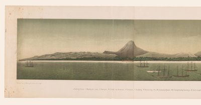 Vista de la costa del Gran Aceh, con la flota de la Primera Expedición de Aceh frente a la costa, que consta de cuatro partes The Greater Aceh Road (título sobre el objeto) de C.A. Whitten