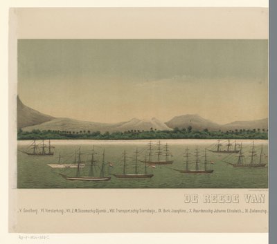 Vista de la costa del Gran Aceh, con la flota de la Primera expedición de Aceh frente a la costa, segunda parte The Greater Aceh Road (título sobre el objeto) de C.A. Whitten