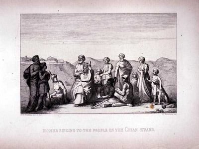Homero Cantando al Pueblo en la Playa de Chios, grabado por B.Barloccini, 1849 de C.C Perkins