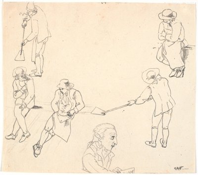 Boceto con seis figuras masculinas, dos con palas, tres sentados, y un perfil masculino de C.D. Fritzsch