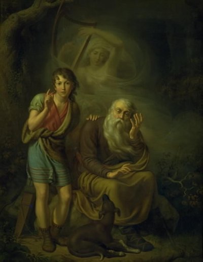 Ossian y el hijo de Alpin escuchando al espíritu de Malvina tocando el arpa. Ilustrando el canto del cisne de Ossian de C.G. Kratzenstein Stub