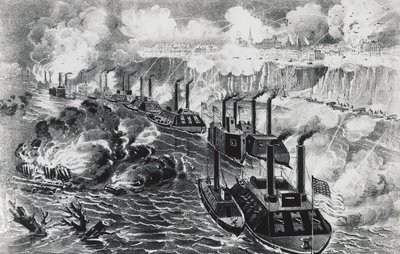 La flota del Almirante David Dixon Porter rompiendo el bloqueo rebelde en el Mississippi en Vicksburg, 16 de abril de J.B. and Brown J. Rowbotham