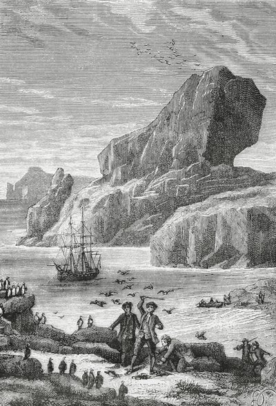 Descubrimiento de Austral Francia (Islas Kerguelen) por el explorador francés Yves-Joseph de Kerguelen-Tremarec (1734-1797), febrero de 1772, grabado, Océano Índico, Territorio de Tierras Australes y Antárticas Francesas de J.B. and Brown J. Rowbotham