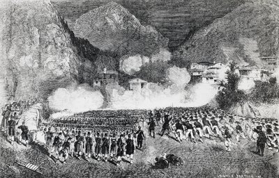 División del General Giacomo Medici atacando Levico Terme, Trentino-Alto Adige, julio de 1866, Tercera Guerra de Independencia, grabado, Italia de J.B. and Brown J. Rowbotham