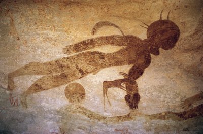 Figura humana en estilo de hombres con cabezas redondas, pintura rupestre, Tassili n