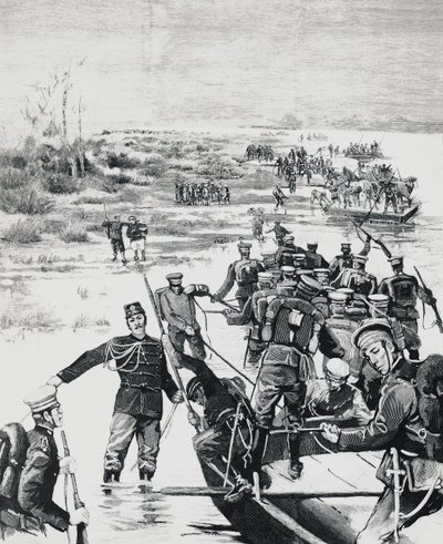 Tropas japonesas bajo el mando de Yamagata Aritomo cruzando el río Yalu de J.B. and Brown J. Rowbotham