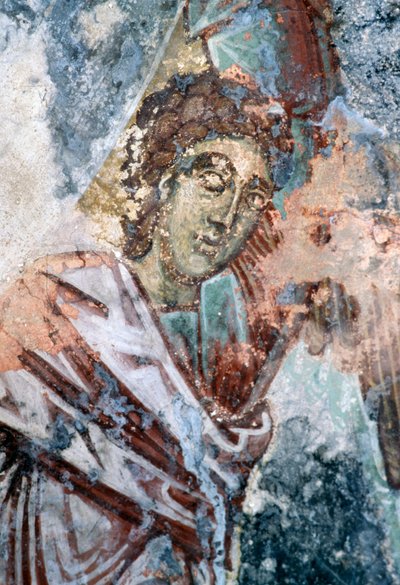 Figura masculina, fresco dañado en el techo de la iglesia de Agios Vasileios, Vavouledo, Creta, Grecia de J.B. and Brown J. Rowbotham