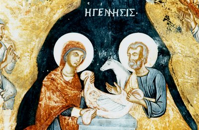 Fresco de la Natividad en el monasterio de Mikro Sotiris, isla de Symi, Grecia (foto) de J.B. and Brown J. Rowbotham