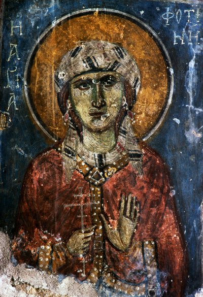 Santo, fresco en la iglesia bizantina de Agios Georgios Sfakiotis, Diavaide, Creta, Grecia de J.B. and Brown J. Rowbotham